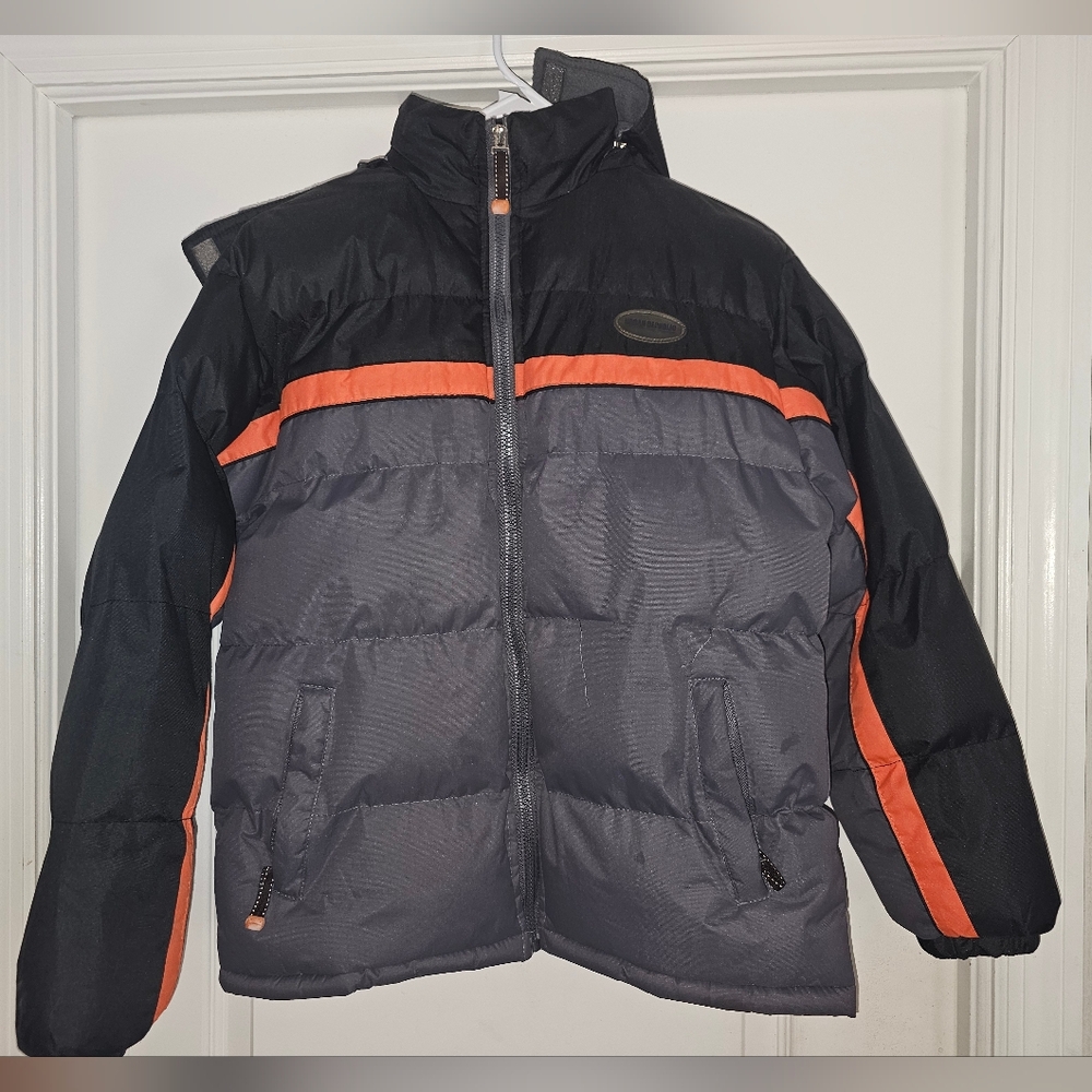 Black and Gray Puffer Jacket with Orange Accents and Removable Hood